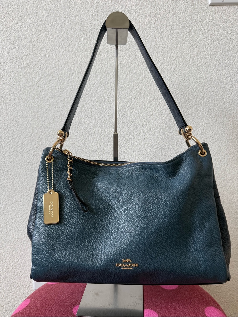 Coach Pebbled Leather Shoulder Bag F73174 Blue Hobo Gold Hardware Zip